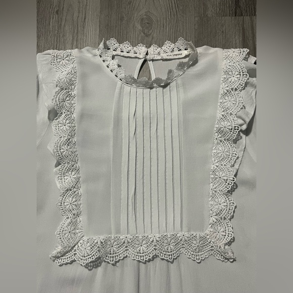 blu pepper White 3/4 Sleeve Blouse w Lacy Trim - Size Juniors Large - Picture 5 of 12